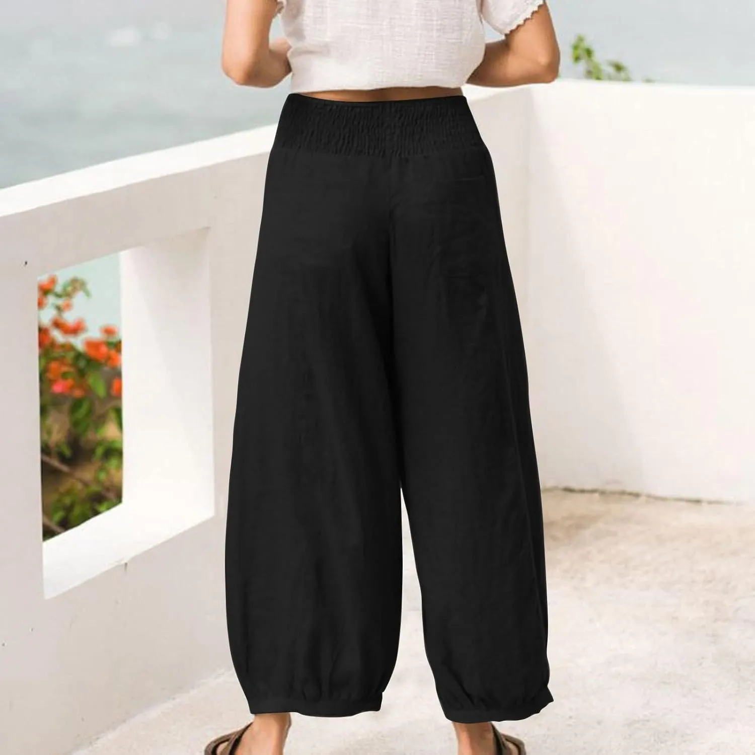 Linen Dress Pants Women Summer High Waisted Loose Fit Pants for Work Flowy Casual Harem Palazzo Trousers with Pockets