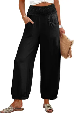 Linen Dress Pants Women Summer High Waisted Loose Fit Pants for Work Flowy Casual Harem Palazzo Trousers with Pockets