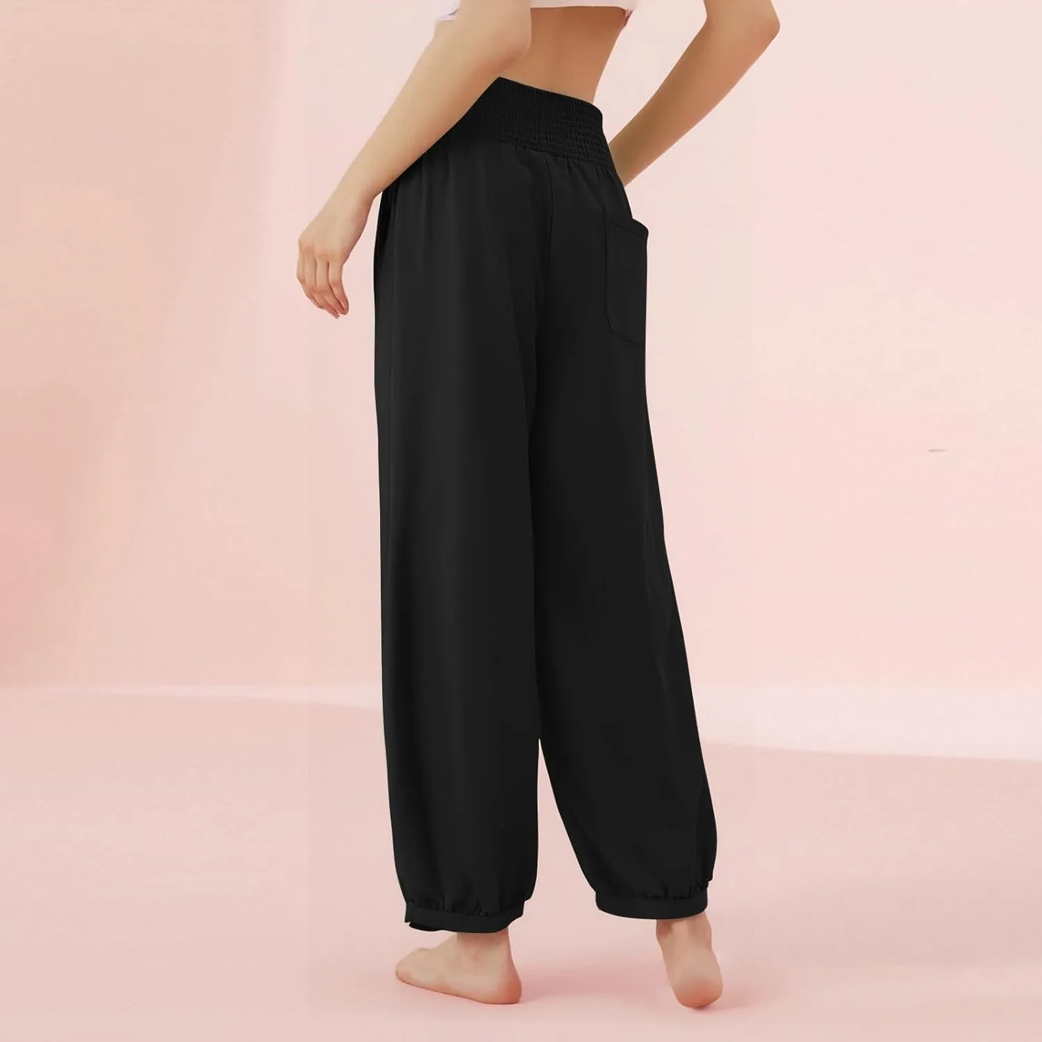 Linen Dress Pants Women Summer High Waisted Loose Fit Pants for Work Flowy Casual Harem Palazzo Trousers with Pockets