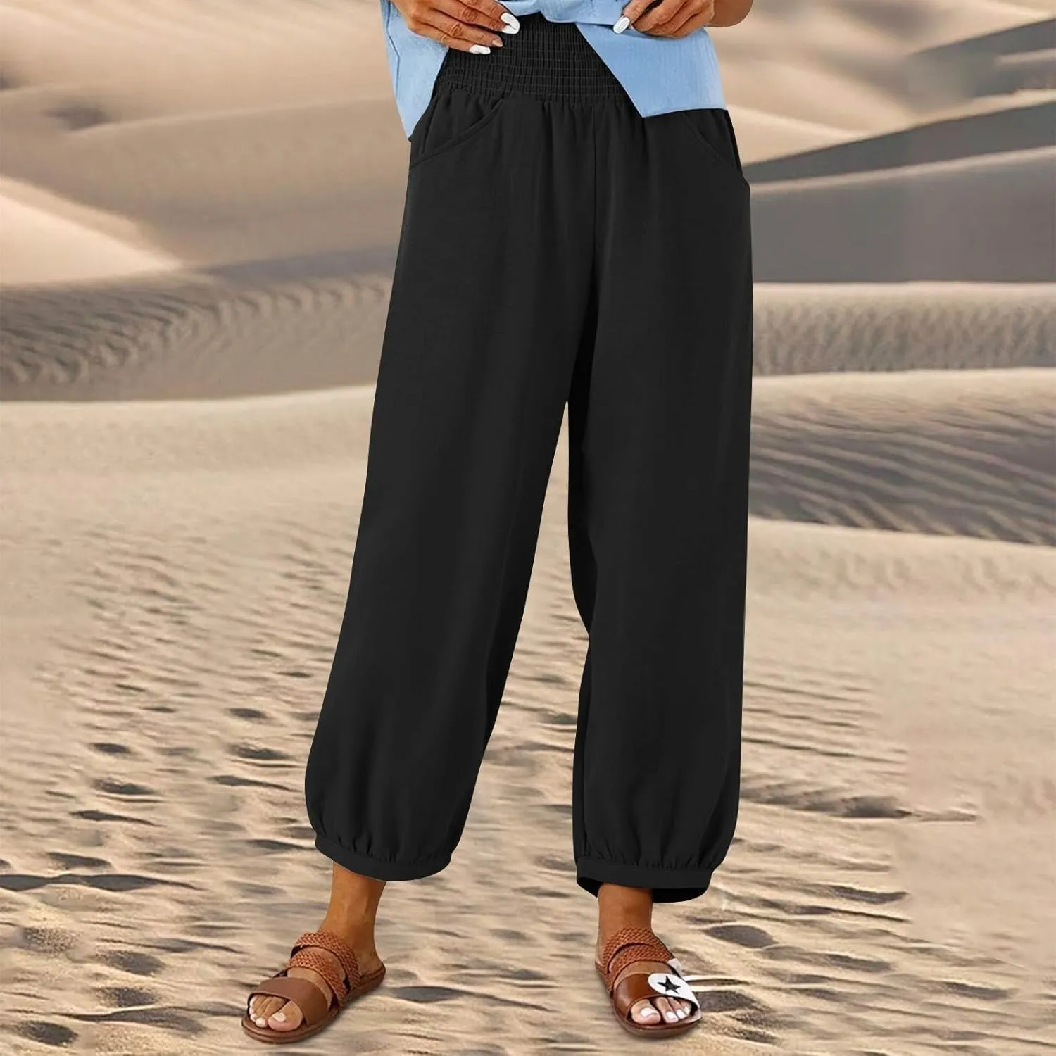 Linen Dress Pants Women Summer High Waisted Loose Fit Pants for Work Flowy Casual Harem Palazzo Trousers with Pockets