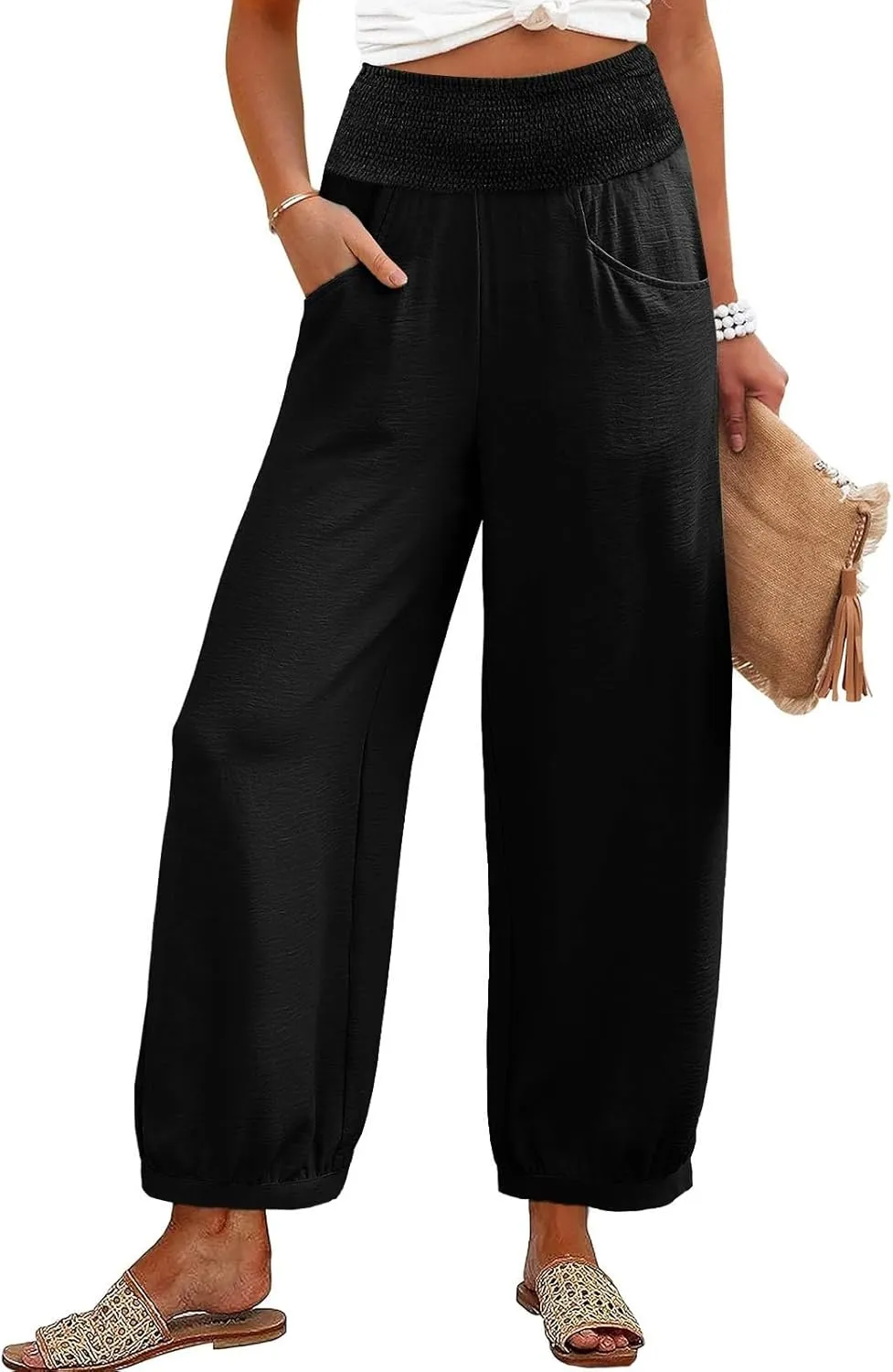 Linen Dress Pants Women Summer High Waisted Loose Fit Pants for Work Flowy Casual Harem Palazzo Trousers with Pockets