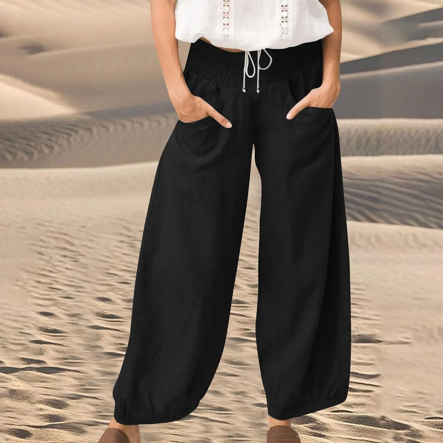 Linen Dress Pants Women Summer High Waisted Loose Fit Pants for Work Flowy Casual Harem Palazzo Trousers with Pockets