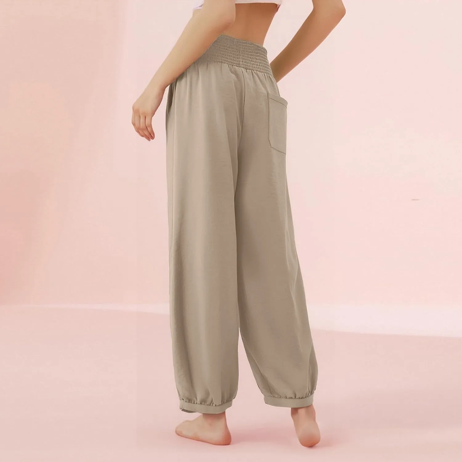 Linen Harem Pants Women with Pockets Wide Leg Elastic Waist Loose Fit Pants Petite Casual Palazzo Lantern Trousers