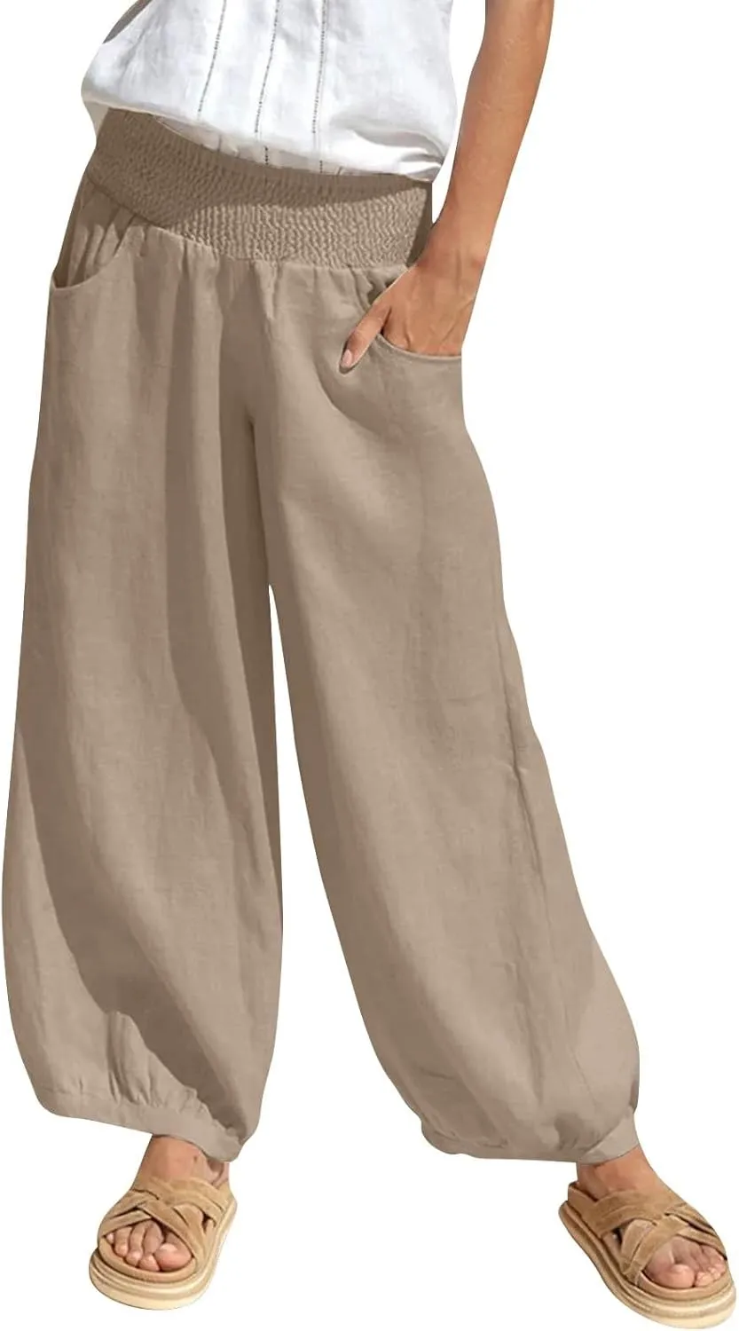 Linen Harem Pants Women with Pockets Wide Leg Elastic Waist Loose Fit Pants Petite Casual Palazzo Lantern Trousers