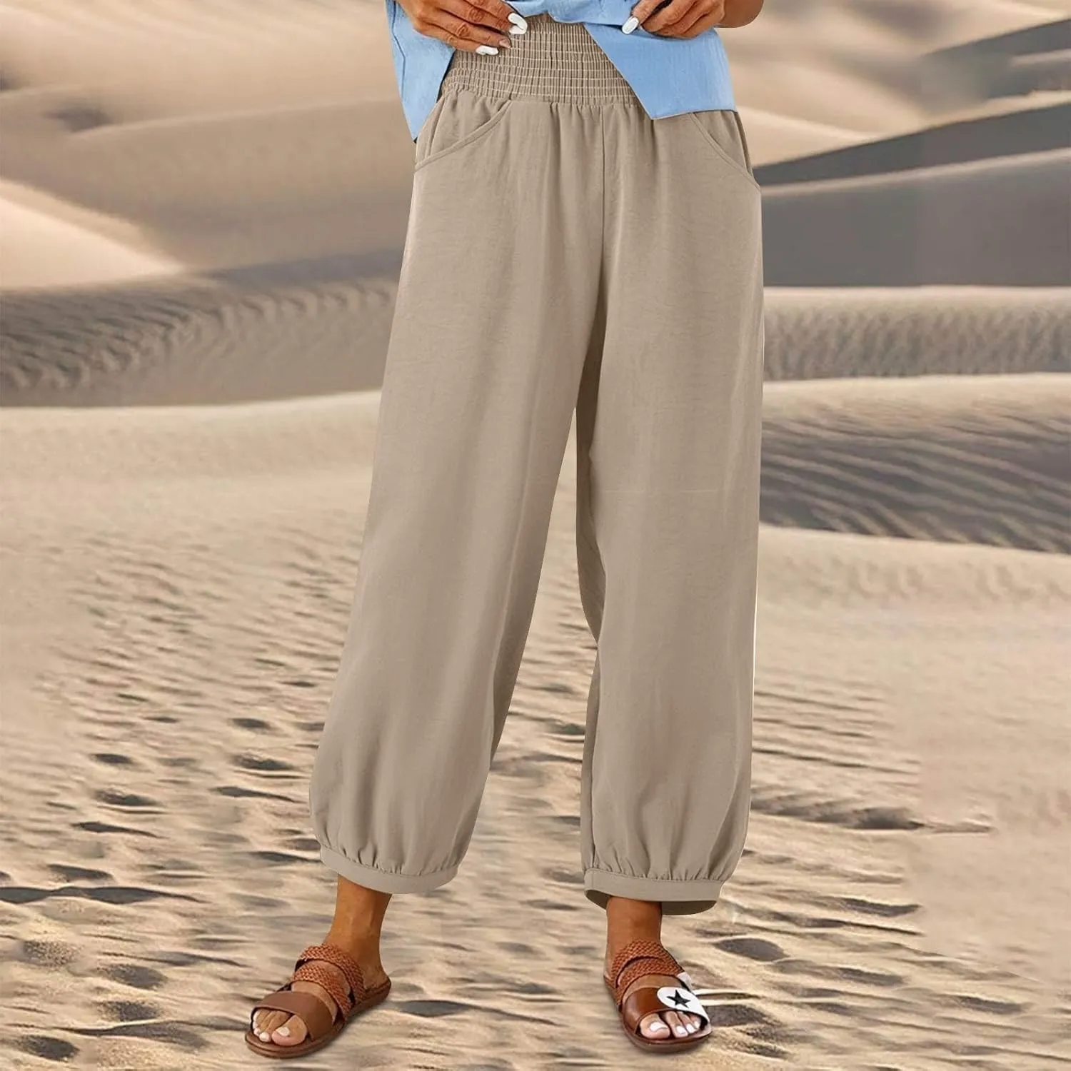Linen Harem Pants Women with Pockets Wide Leg Elastic Waist Loose Fit Pants Petite Casual Palazzo Lantern Trousers