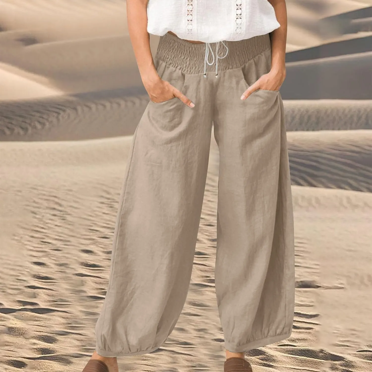 Linen Harem Pants Women with Pockets Wide Leg Elastic Waist Loose Fit Pants Petite Casual Palazzo Lantern Trousers