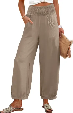 Linen Harem Pants Women with Pockets Wide Leg Elastic Waist Loose Fit Pants Petite Casual Palazzo Lantern Trousers