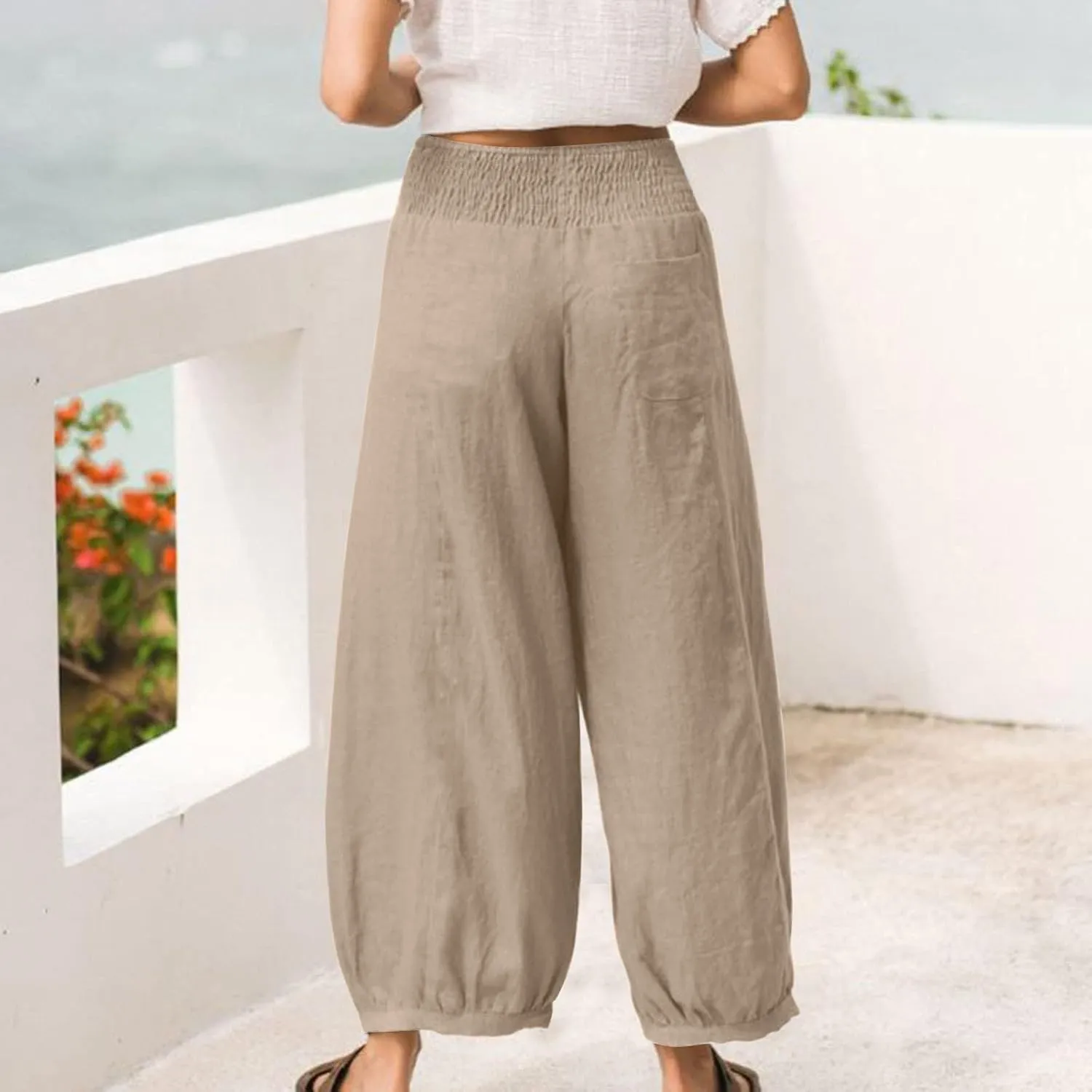 Linen Harem Pants Women with Pockets Wide Leg Elastic Waist Loose Fit Pants Petite Casual Palazzo Lantern Trousers