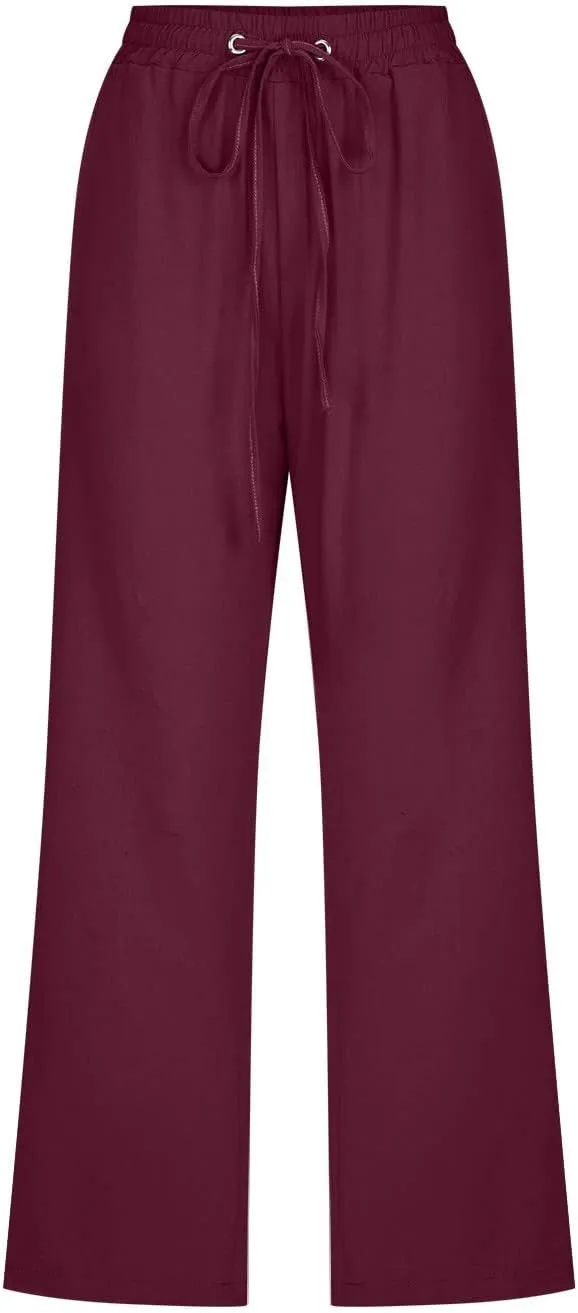 Linen Joggers for Women Capri Pants Cotton Wide Leg High Waisted Dressy Trousers Casual Summer Lounge Trousers