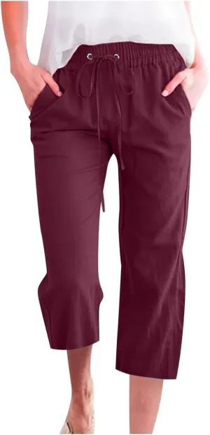 Linen Joggers for Women Capri Pants Cotton Wide Leg High Waisted Dressy Trousers Casual Summer Lounge Trousers