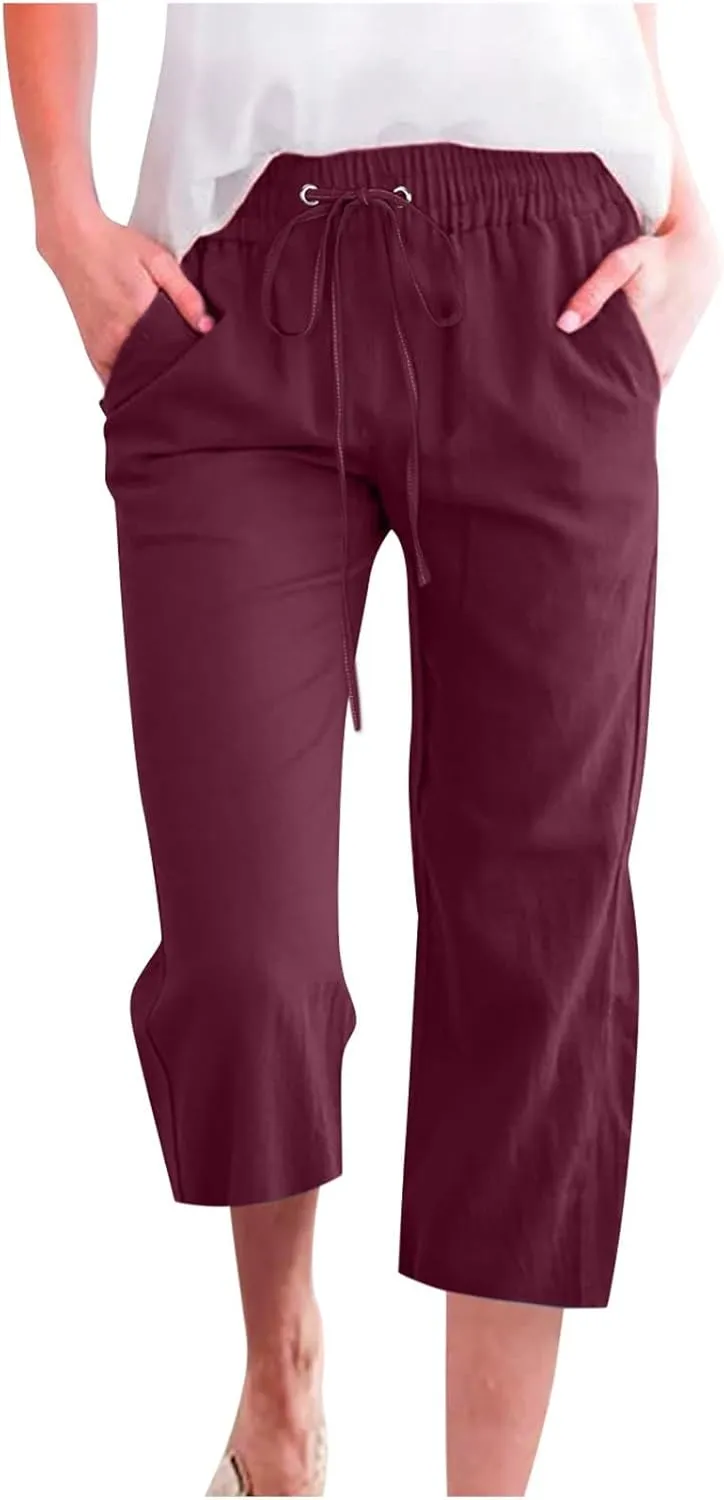 Linen Joggers for Women Capri Pants Cotton Wide Leg High Waisted Dressy Trousers Casual Summer Lounge Trousers