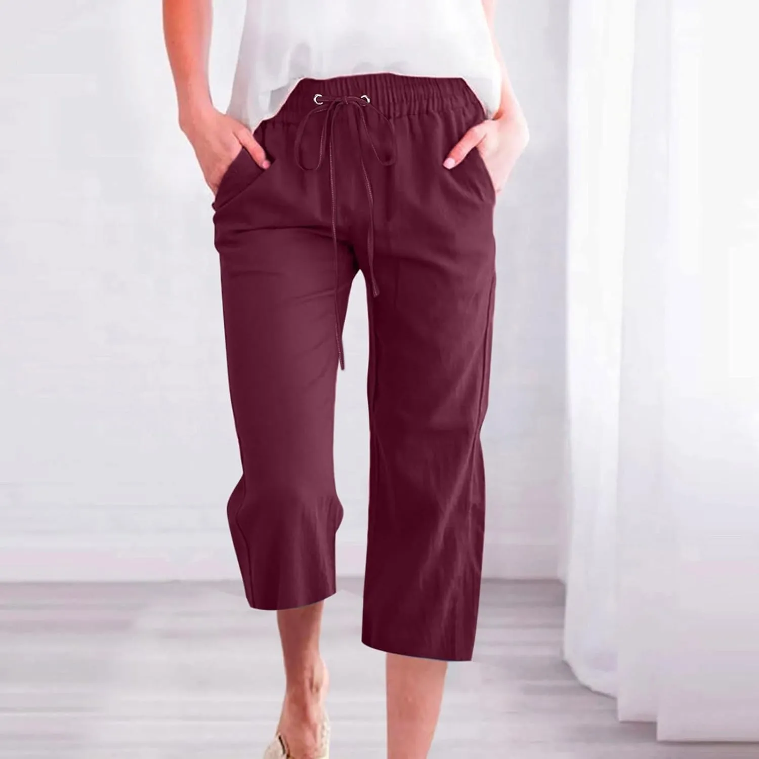 Linen Joggers for Women Capri Pants Cotton Wide Leg High Waisted Dressy Trousers Casual Summer Lounge Trousers