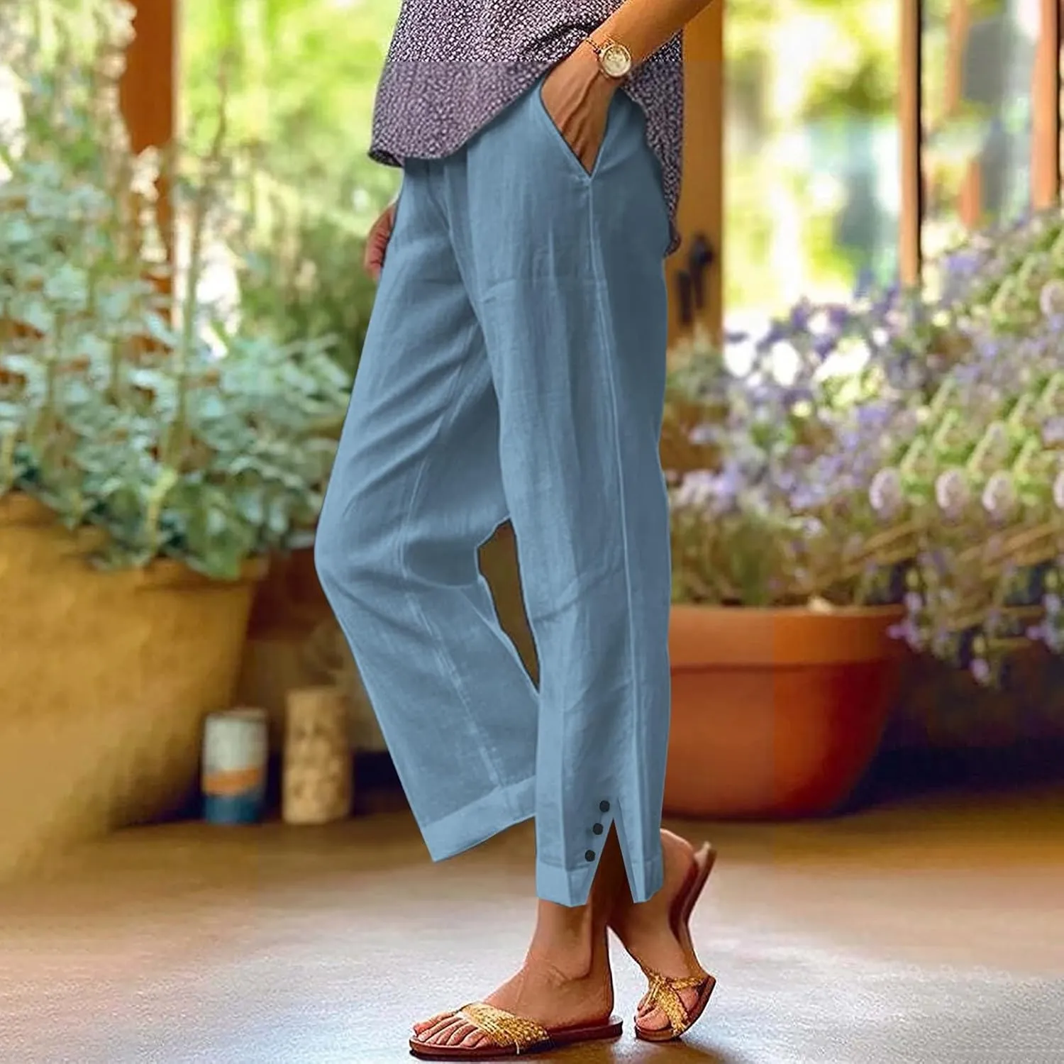 Linen Palazzo Pants for Women Capri Pants Cotton Drawstring High Waisted Trousers Casual Summer Lounge Trousers