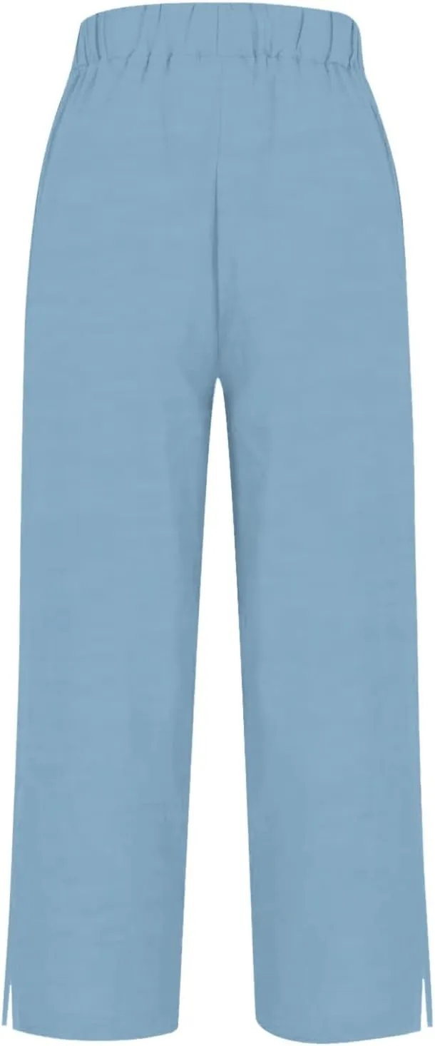 Linen Palazzo Pants for Women Capri Pants Cotton Drawstring High Waisted Trousers Casual Summer Lounge Trousers