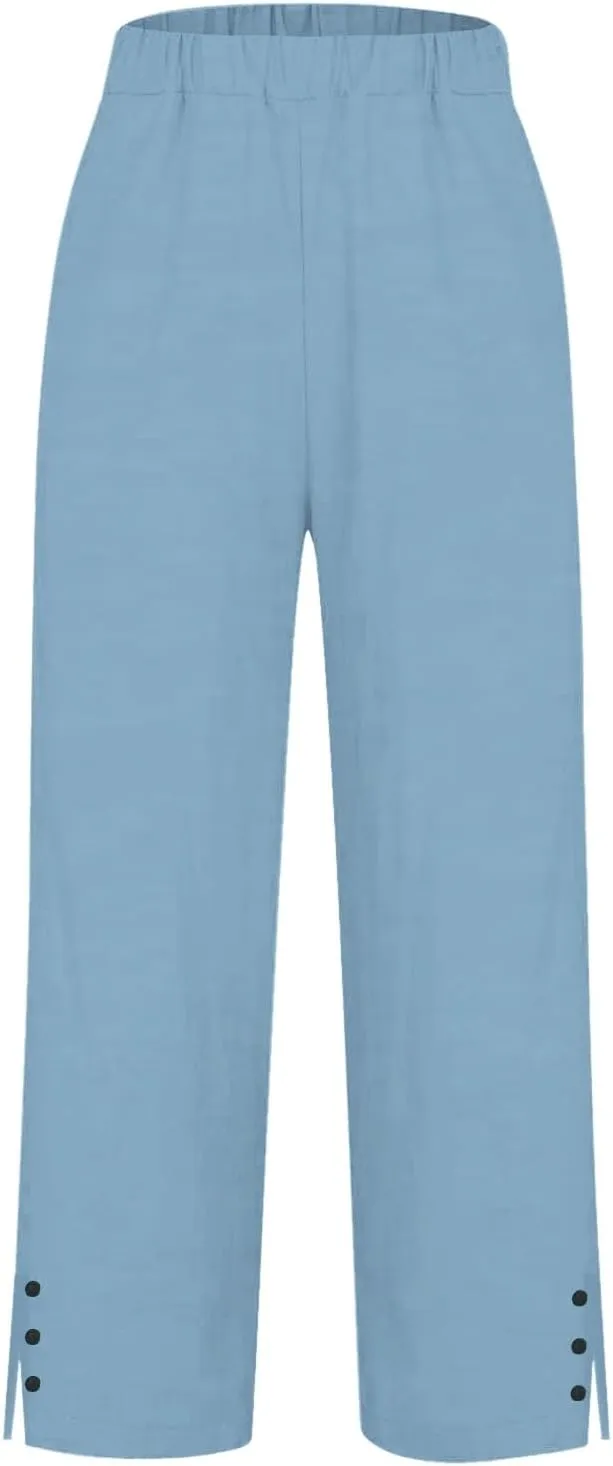 Linen Palazzo Pants for Women Capri Pants Cotton Drawstring High Waisted Trousers Casual Summer Lounge Trousers
