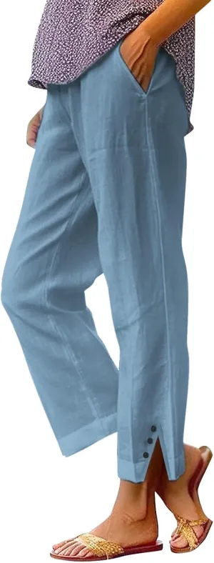 Linen Palazzo Pants for Women Capri Pants Cotton Drawstring High Waisted Trousers Casual Summer Lounge Trousers