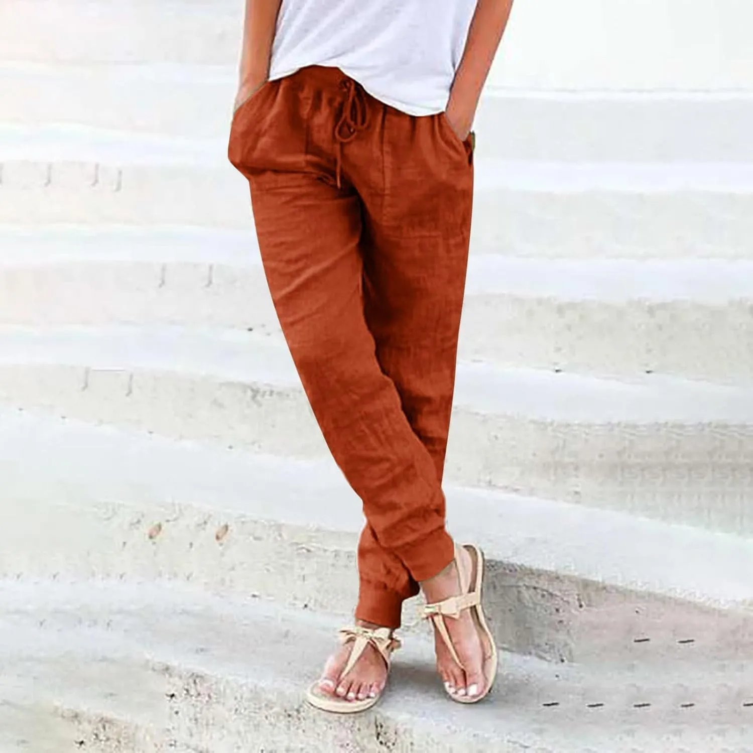 Linen Palazzo Pants for Women Casual High Waist Lightweight Summer Palazzo Trouser with Pockets Ladies Wide Leg Pants
