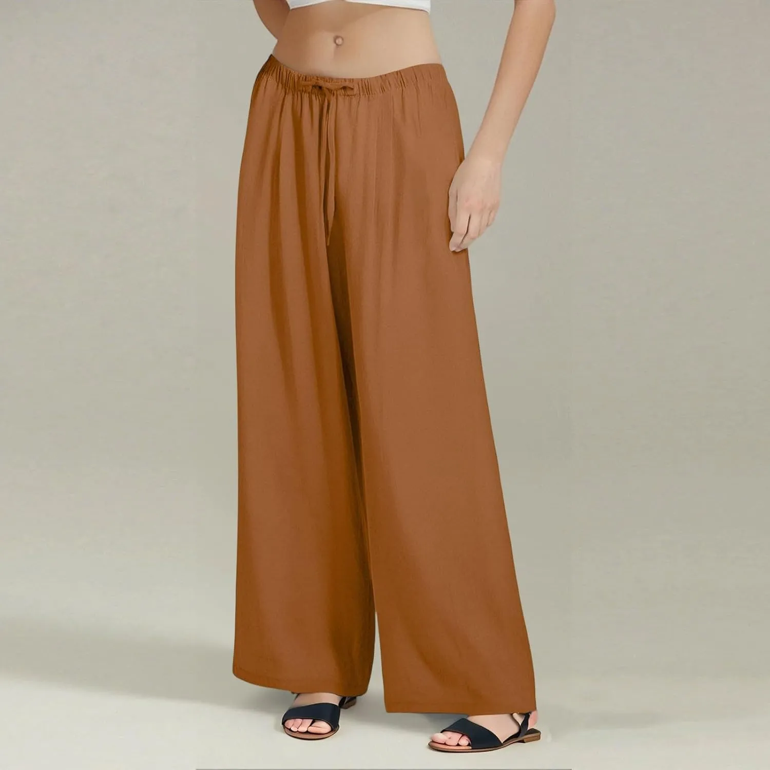 Linen Palazzo Pants for Women Elastic High Waisted Wide Leg Pants Casual Summer Beach Trouser Pants with Pockets