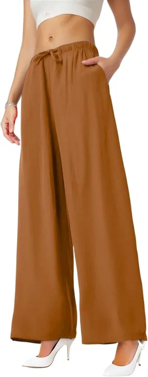 Linen Palazzo Pants for Women Elastic High Waisted Wide Leg Pants Casual Summer Beach Trouser Pants with Pockets