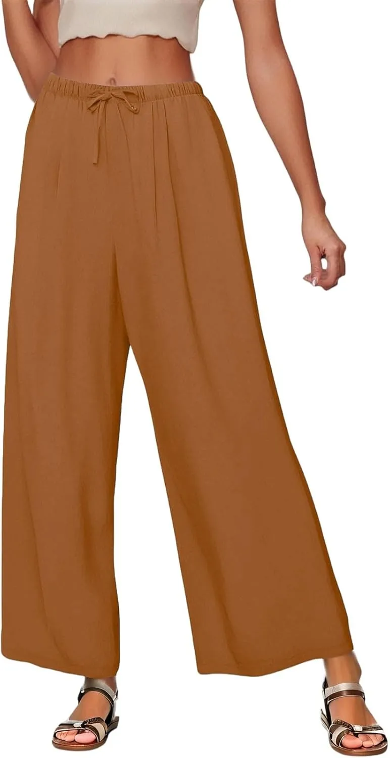 Linen Palazzo Pants for Women Elastic High Waisted Wide Leg Pants Casual Summer Beach Trouser Pants with Pockets