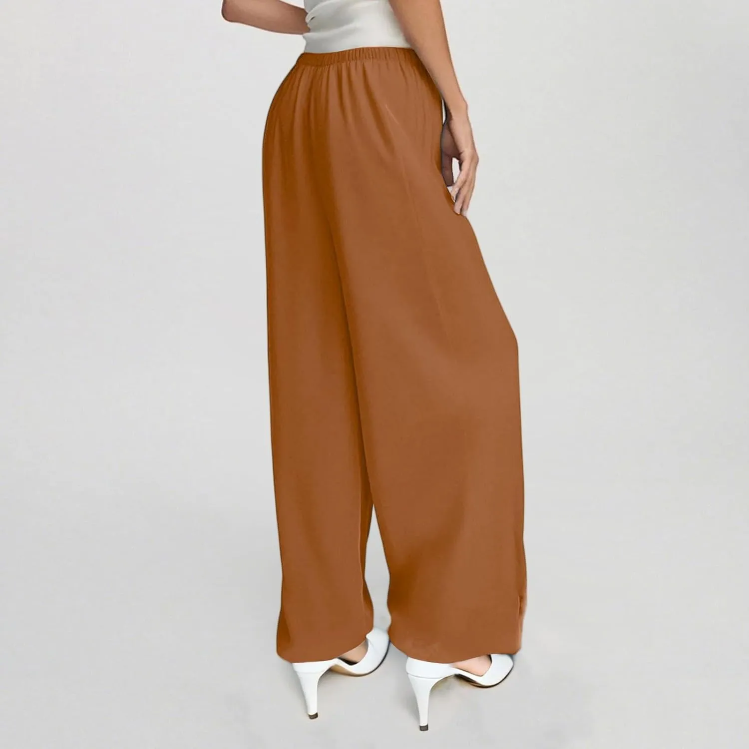 Linen Palazzo Pants for Women Elastic High Waisted Wide Leg Pants Casual Summer Beach Trouser Pants with Pockets