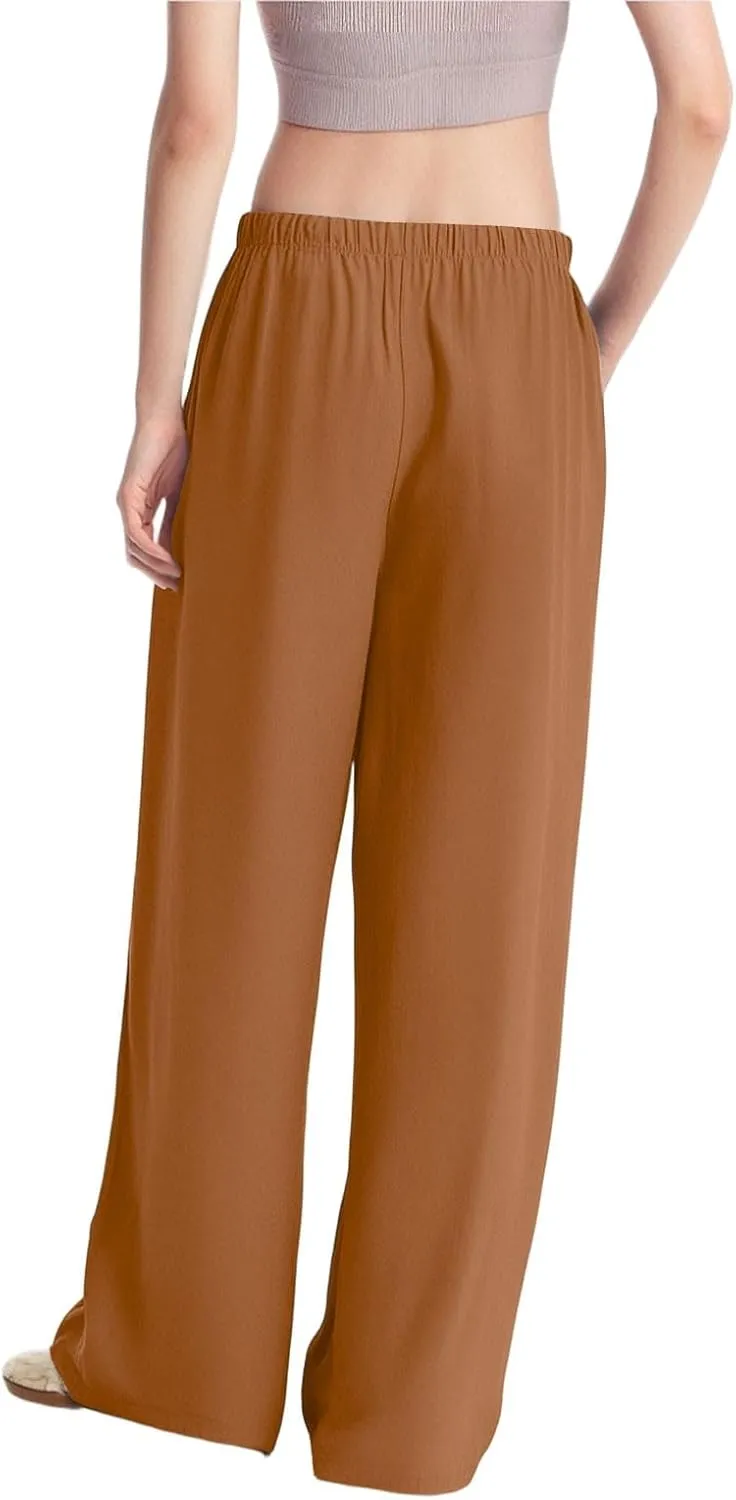 Linen Palazzo Pants for Women Elastic High Waisted Wide Leg Pants Casual Summer Beach Trouser Pants with Pockets