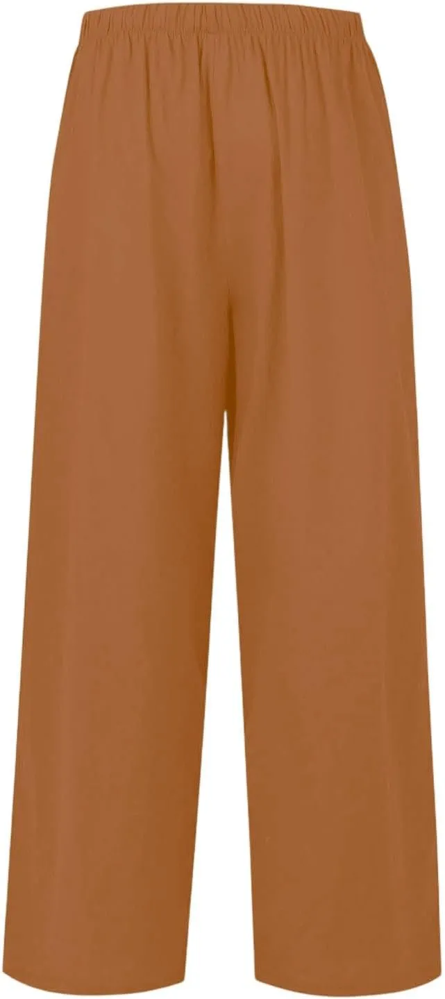 Linen Palazzo Pants for Women Elastic High Waisted Wide Leg Pants Casual Summer Beach Trouser Pants with Pockets