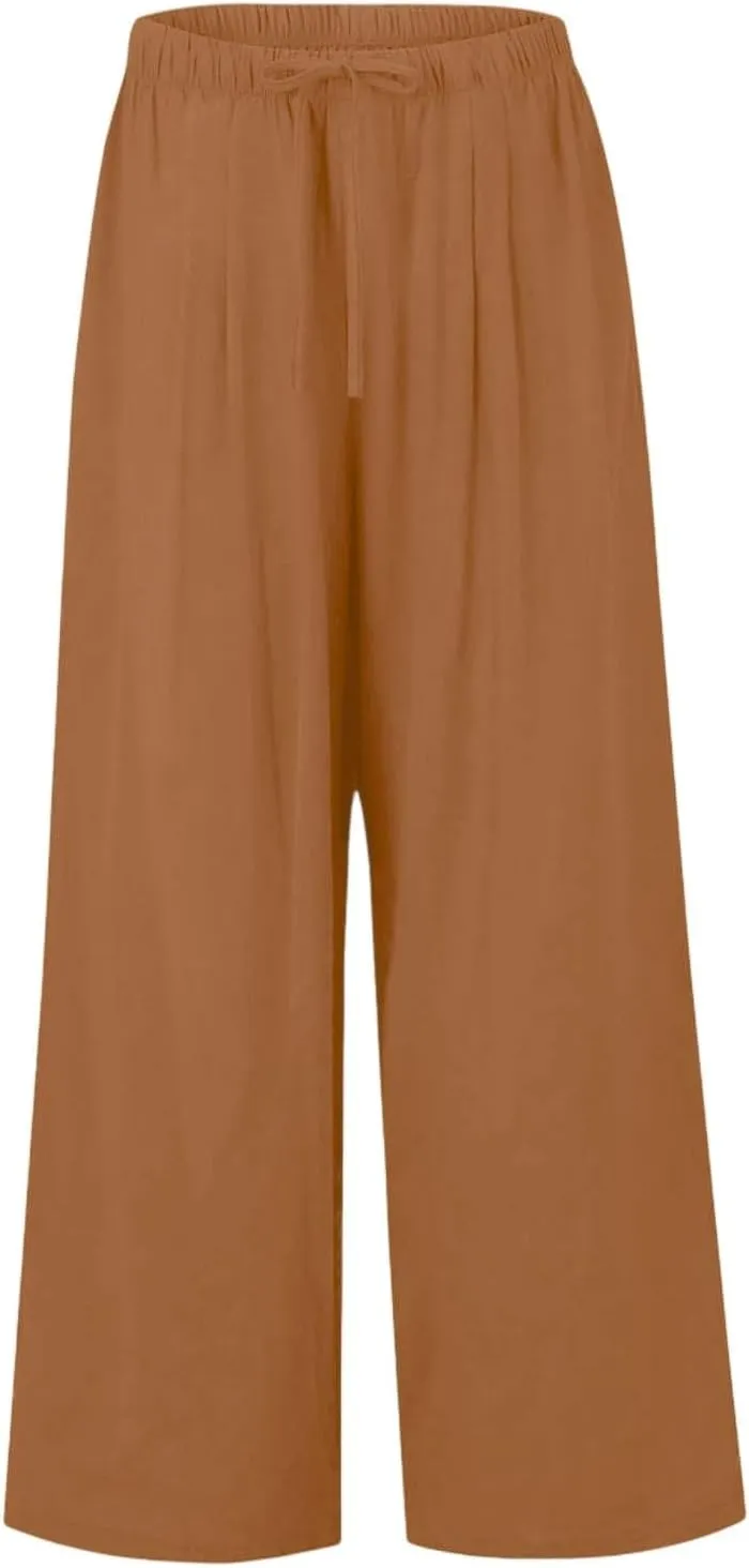 Linen Palazzo Pants for Women Elastic High Waisted Wide Leg Pants Casual Summer Beach Trouser Pants with Pockets
