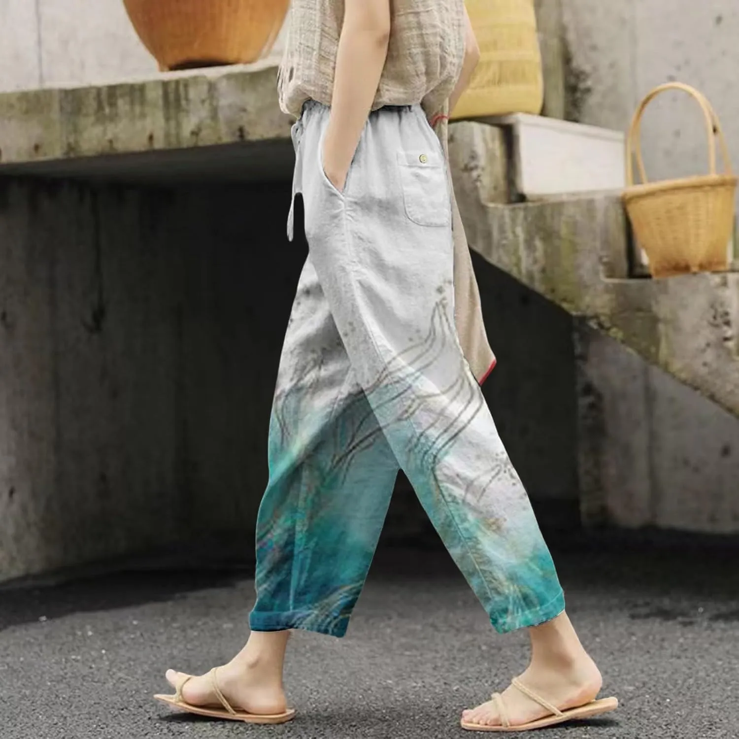 Linen Pant for Women 2025 Summer High Waist Elastic Straight Leg Lounge Pant Loose Casual Lightweight Beach Trousers