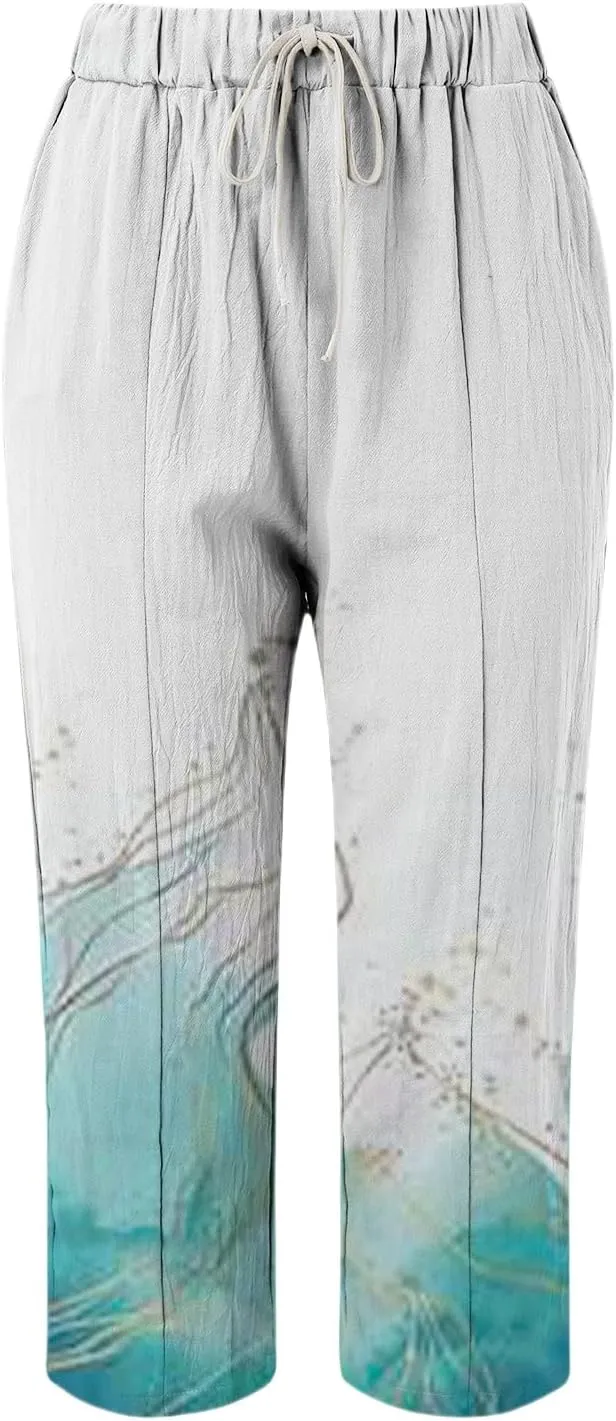 Linen Pant for Women 2025 Summer High Waist Elastic Straight Leg Lounge Pant Loose Casual Lightweight Beach Trousers