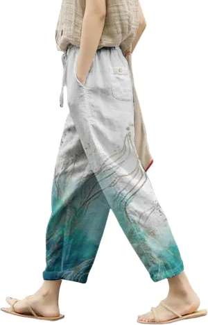 Linen Pant for Women 2025 Summer High Waist Elastic Straight Leg Lounge Pant Loose Casual Lightweight Beach Trousers