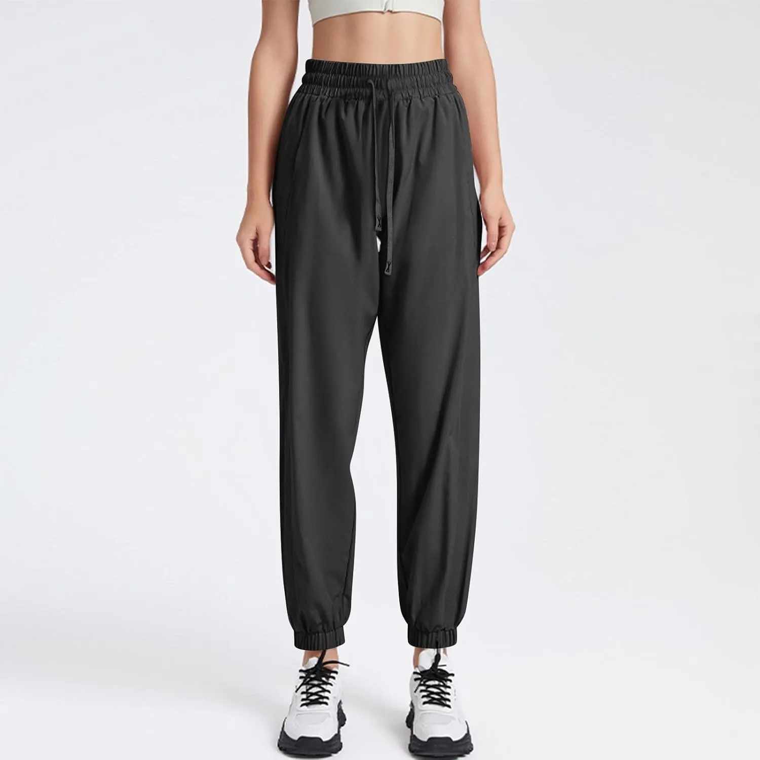 Linen Pants, Black Yoga Pants for Women Cotton High Waisted Golf Wide Leg Summer Flowy Trousers with Pockets