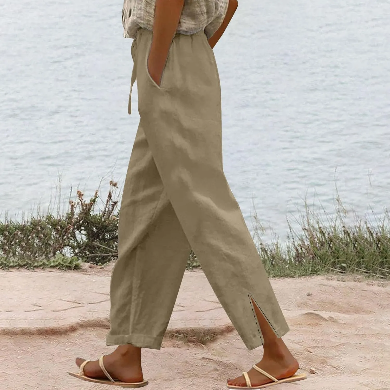 Linen Pants for Women 2025 Summer High Waist Elastic Straight Leg Lounge Pant Loose Lightweight Beach Trousers