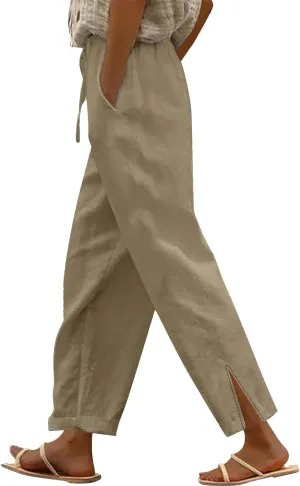 Linen Pants for Women 2025 Summer High Waist Elastic Straight Leg Lounge Pant Loose Lightweight Beach Trousers
