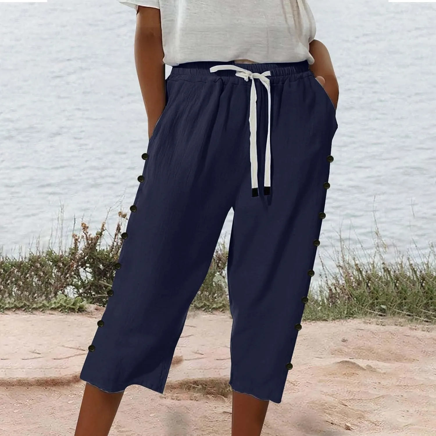 Linen Pants for Women 2025 Summer Lightweight Long Capris Vacation Beach Trousers Side-Buttoned Closure Joggers