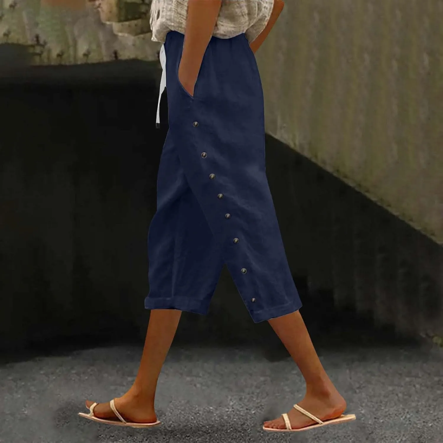 Linen Pants for Women 2025 Summer Lightweight Long Capris Vacation Beach Trousers Side-Buttoned Closure Joggers