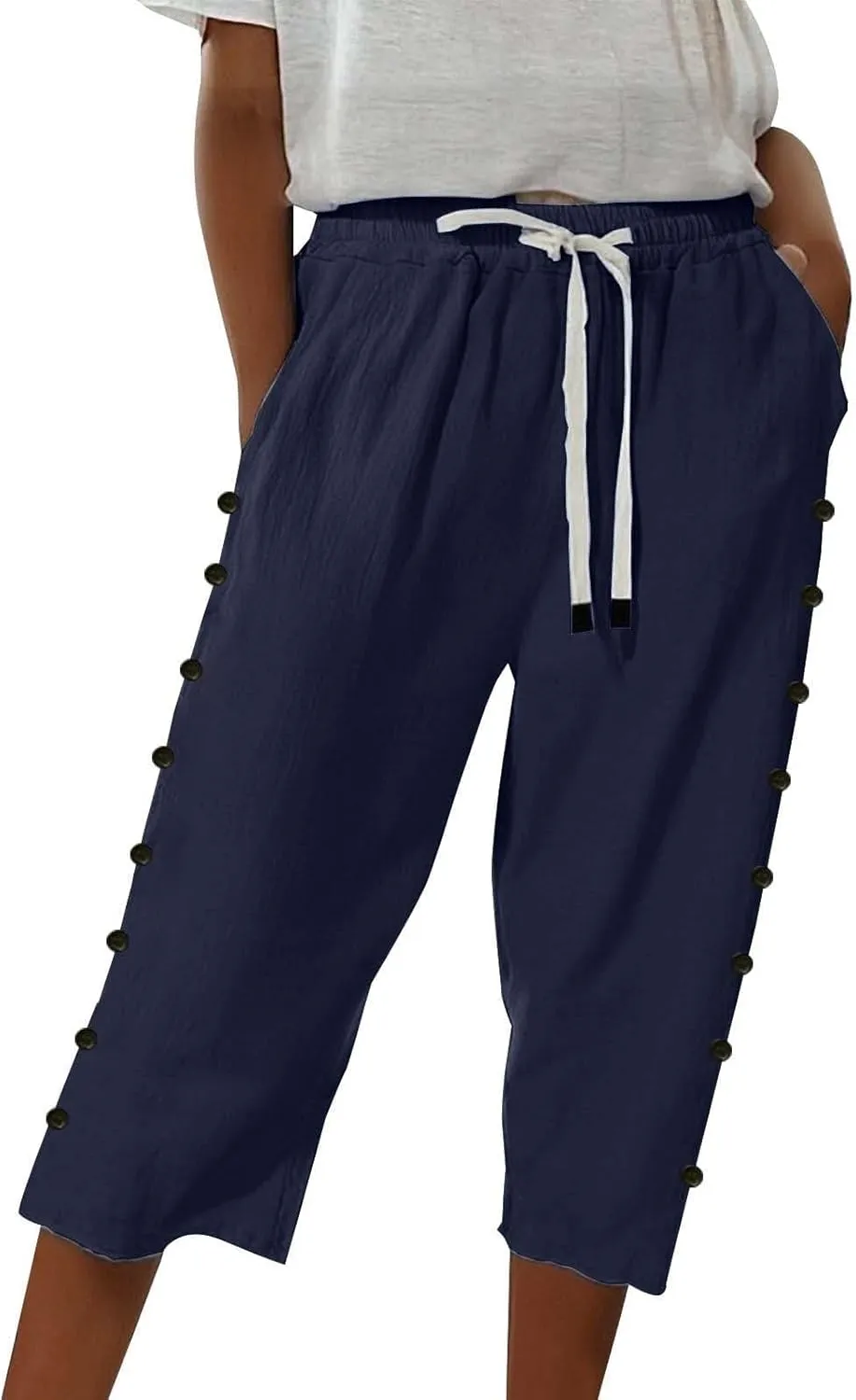 Linen Pants for Women 2025 Summer Lightweight Long Capris Vacation Beach Trousers Side-Buttoned Closure Joggers