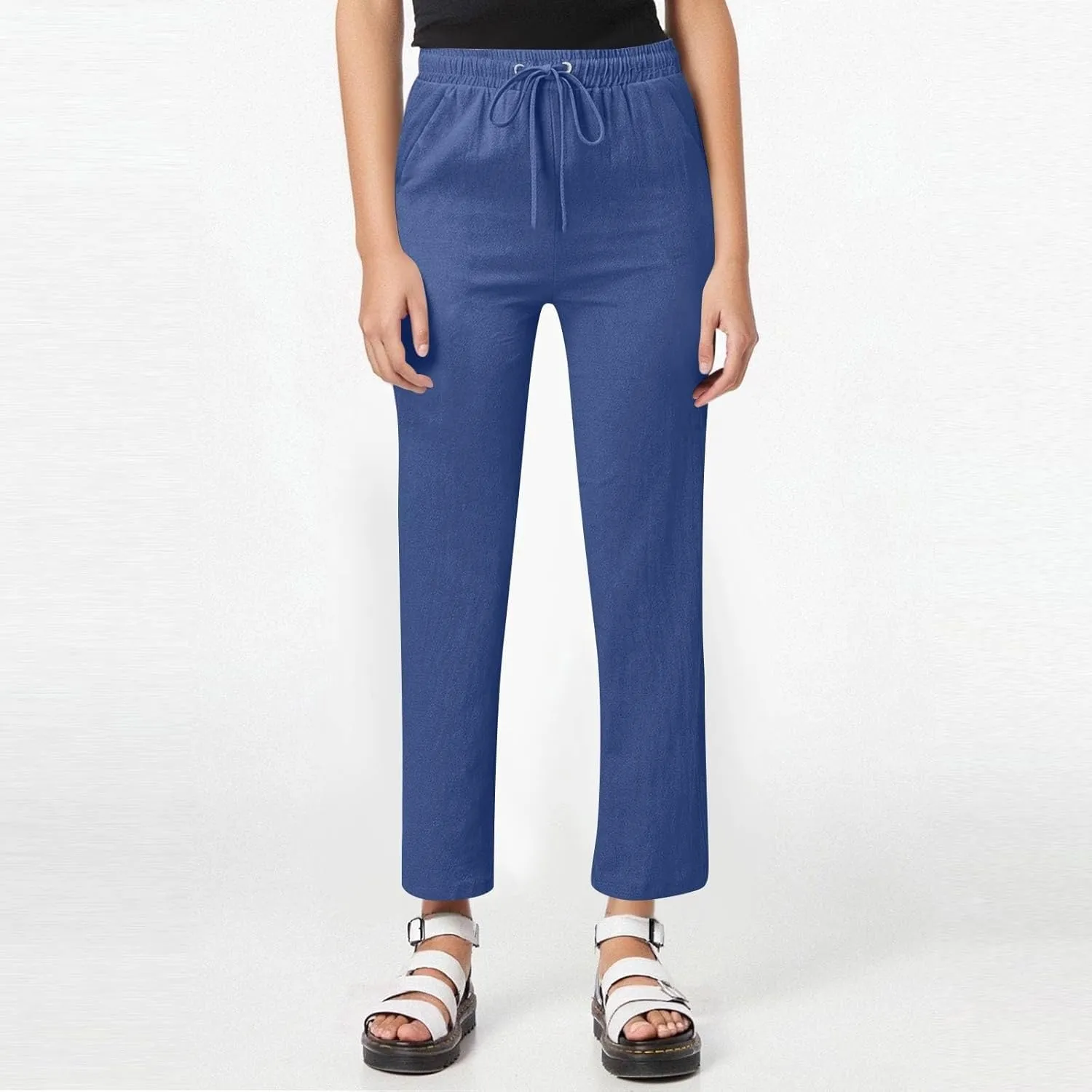 Linen Pants for Women Cargo Cotton Wide Leg Summer Trousers with Pockets, Travel Pants Women Petite High Waisted
