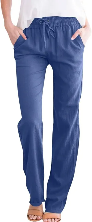 Linen Pants for Women Cargo Cotton Wide Leg Summer Trousers with Pockets, Travel Pants Women Petite High Waisted