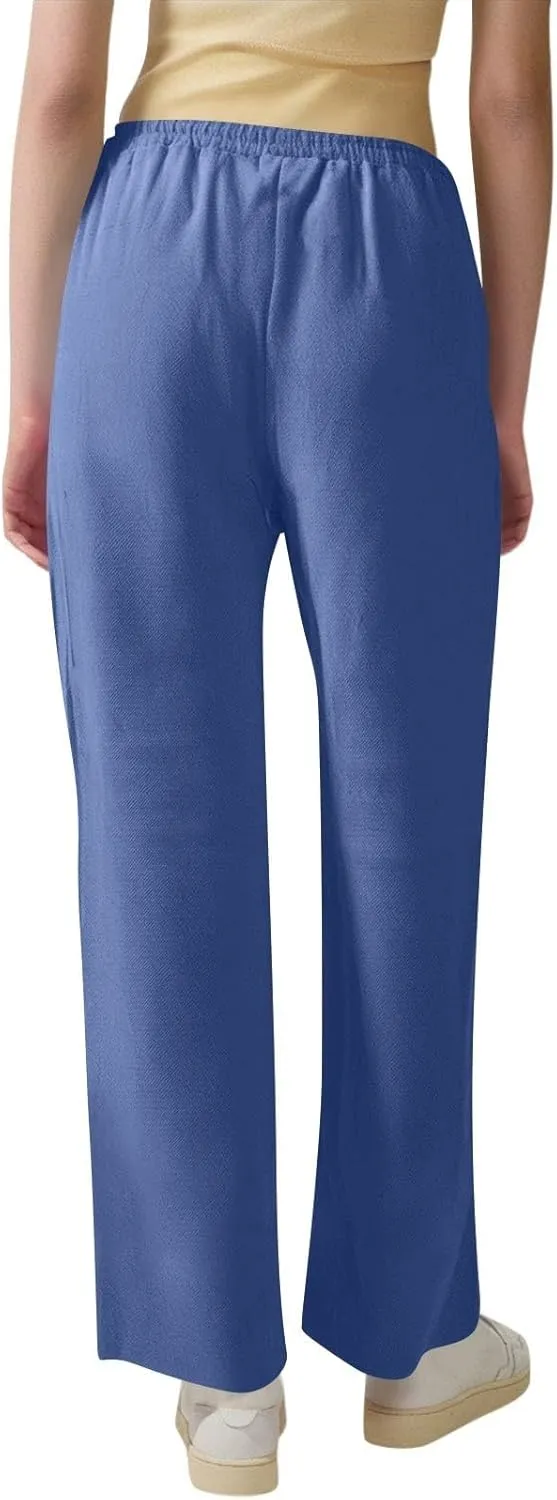 Linen Pants for Women Cargo Cotton Wide Leg Summer Trousers with Pockets, Travel Pants Women Petite High Waisted