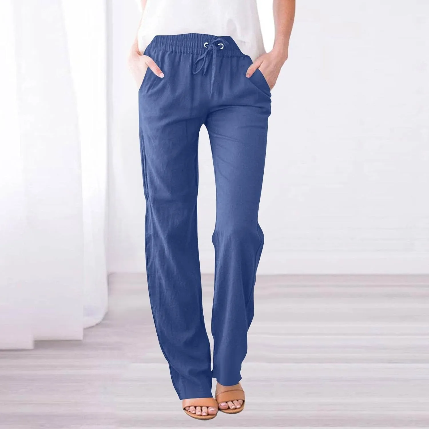 Linen Pants for Women Cargo Cotton Wide Leg Summer Trousers with Pockets, Travel Pants Women Petite High Waisted