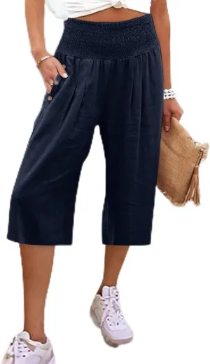 Linen Pants for Women Casual Loose Elastic High Waisted Straight Leg Trousers Palazzo Boho Wide Leg Beach Lounge