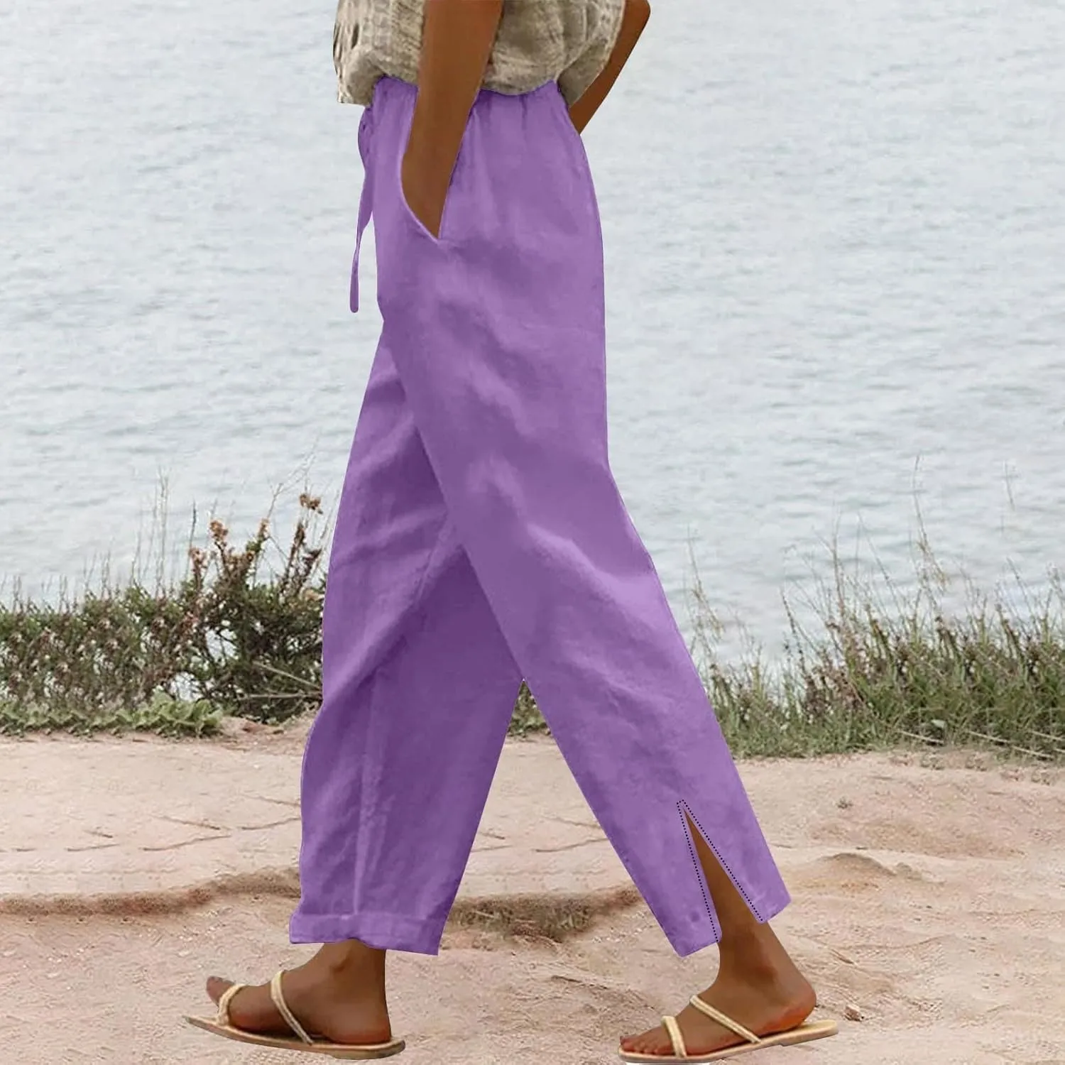 Linen Pants for Women High Waisted Elastic Drawstring Beach Pants Casual Loose Wide Leg Trousers with Pockets