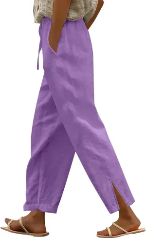 Linen Pants for Women High Waisted Elastic Drawstring Beach Pants Casual Loose Wide Leg Trousers with Pockets