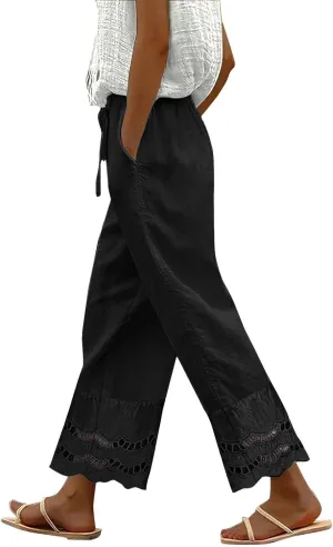 Linen Pants for Women Summer High Waist Elastic Straight Leg Lounge Pant 2025 Loose Lightweight Beach Trousers