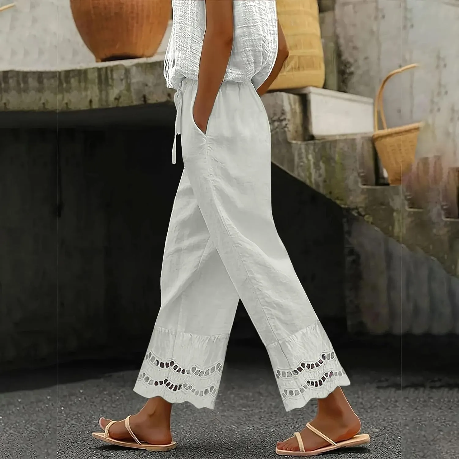 Linen Pants for Women Summer High Waist Elastic Straight Leg Lounge Pant 2025 Loose Lightweight Beach Trousers