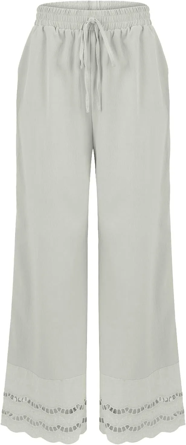 Linen Pants for Women Summer High Waist Elastic Straight Leg Lounge Pant 2025 Loose Lightweight Beach Trousers