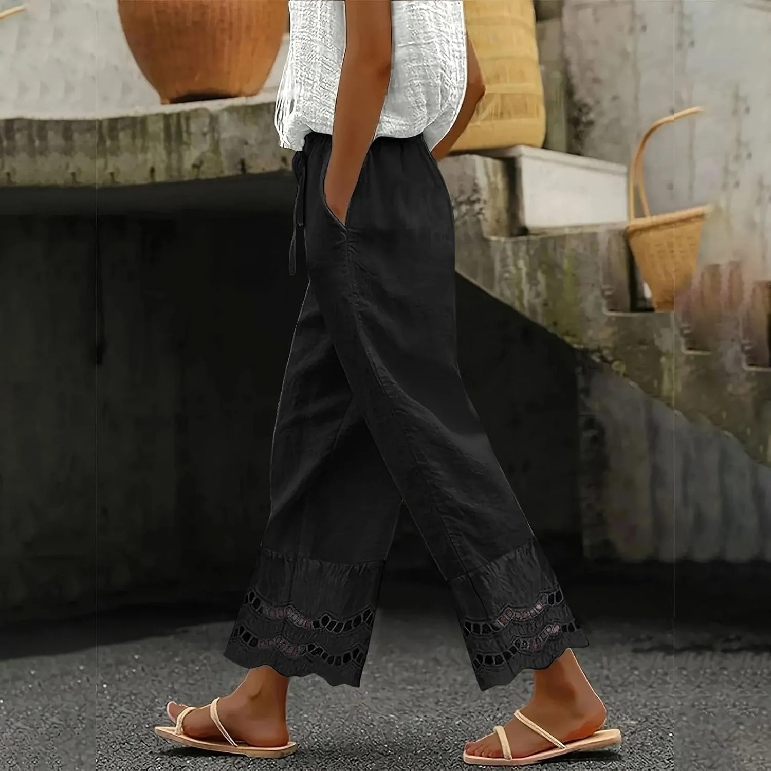 Linen Pants for Women Summer High Waist Elastic Straight Leg Lounge Pant 2025 Loose Lightweight Beach Trousers