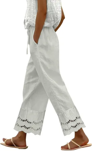 Linen Pants for Women Summer High Waist Elastic Straight Leg Lounge Pant 2025 Loose Lightweight Beach Trousers