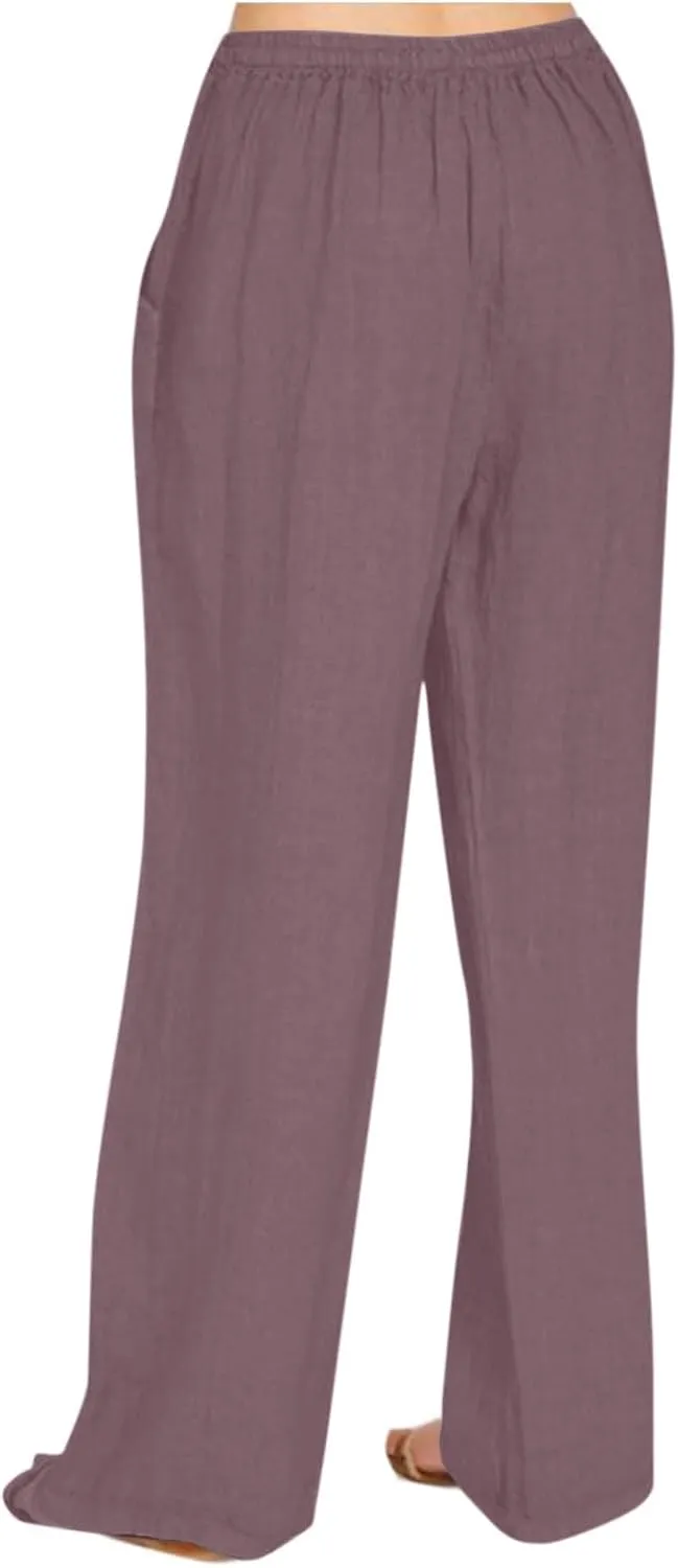 Linen Pants for Women Summer Palazzo Pants Casual Cotton Linen Wide Leg Trousers Flowy Beach Pants with Pockets